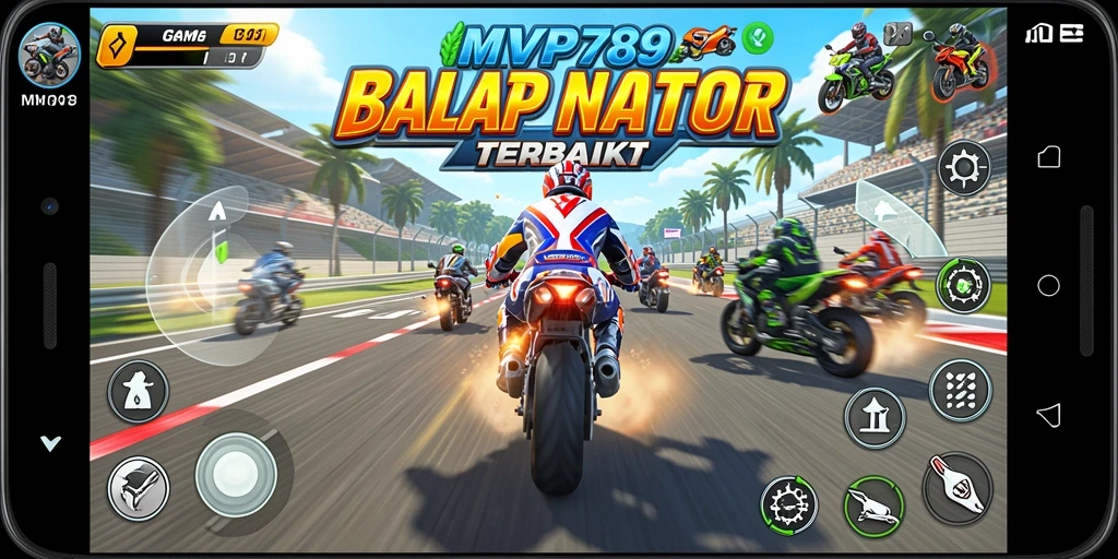 Tampilan permainan balap motor yang mendebarkan dan menantang.