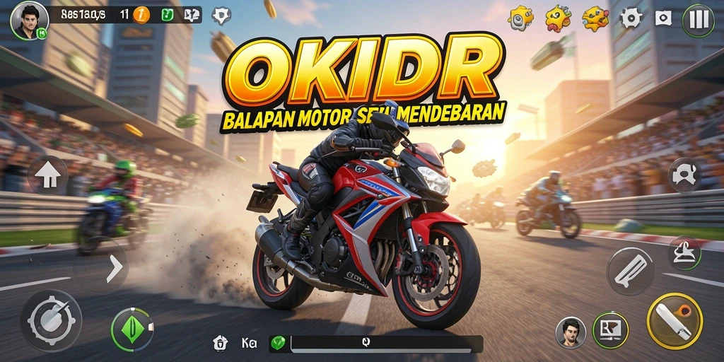 Gameplay seru OKIDR dengan balapan motor yang mendebarkan.