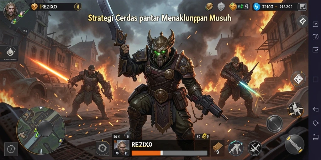Tampilan gameplay menegangkan di <strong>REZIXO</strong> dengan strategi pertempuran yang kompleks.